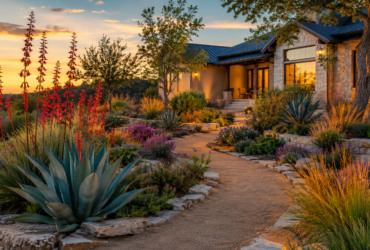 Drought-tolerant landscaping with native plants and stone in a Central Texas yard