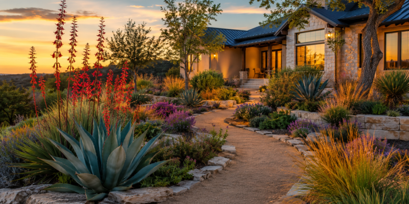 Drought-tolerant landscaping with native plants and stone in a Central Texas yard