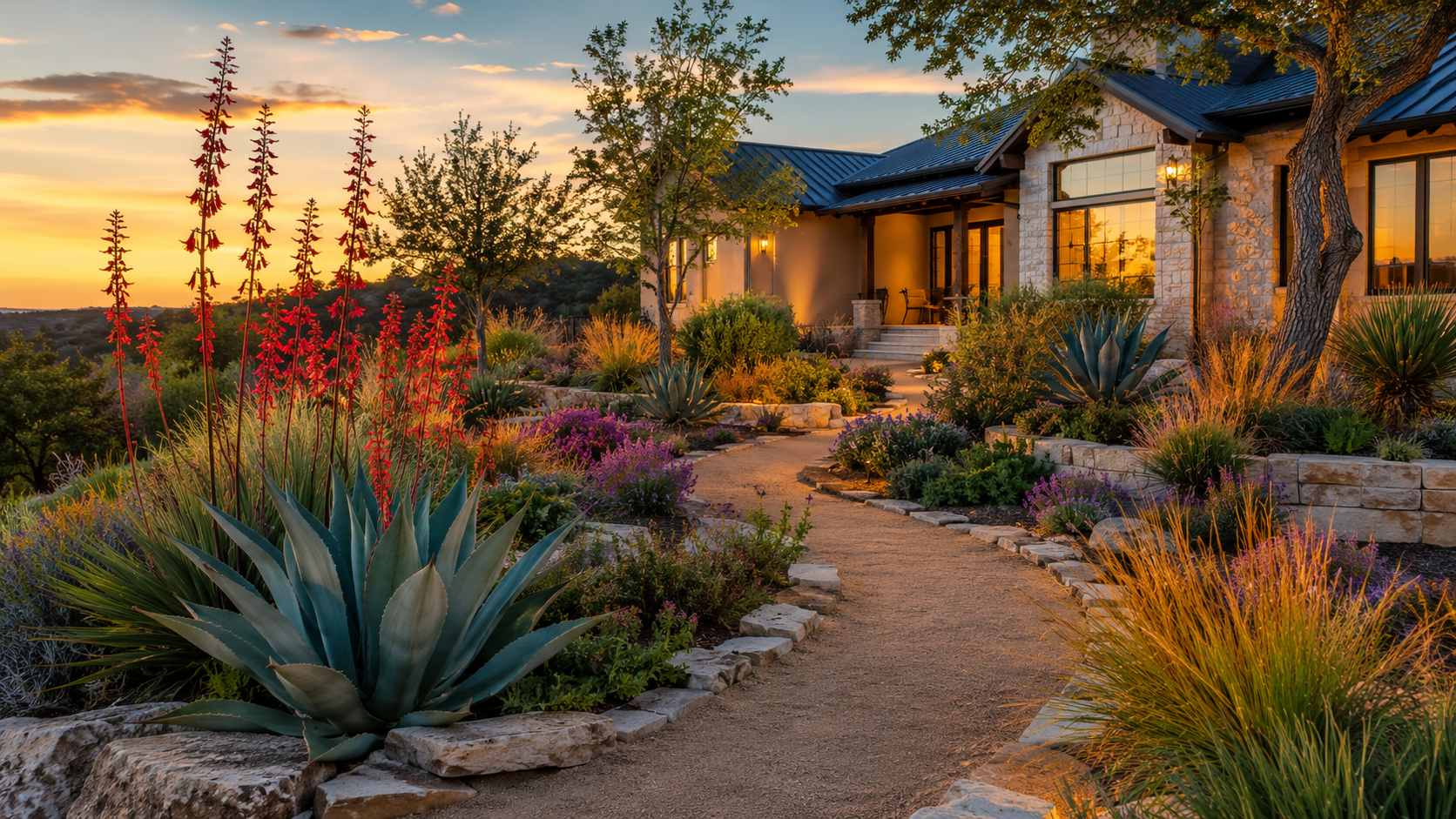Drought-tolerant landscaping with native plants and stone in a Central Texas yard