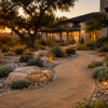 A decomposed granite pathway winding past natural stone borders, river rock beds, and drought-tolerant native plants.
