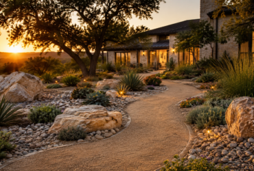 A decomposed granite pathway winding past natural stone borders, river rock beds, and drought-tolerant native plants.