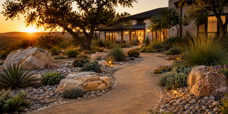 A decomposed granite pathway winding past natural stone borders, river rock beds, and drought-tolerant native plants.