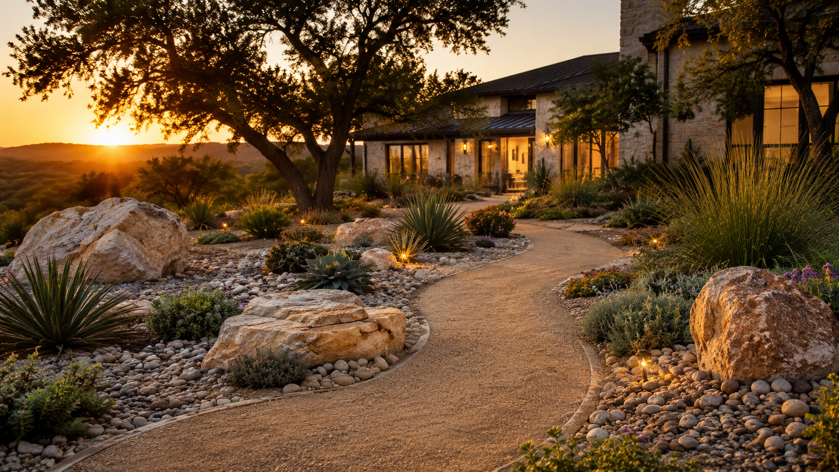 A decomposed granite pathway winding past natural stone borders, river rock beds, and drought-tolerant native plants.